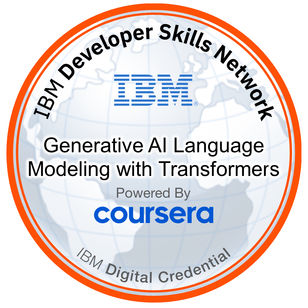 IBM badge artwork for Generative AI Language Modeling with Transformers
