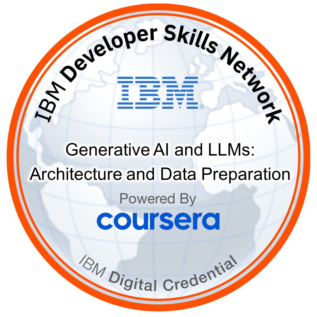 IBM badge artwork for Generative AI and LLMs: Architecture and Data Preparation