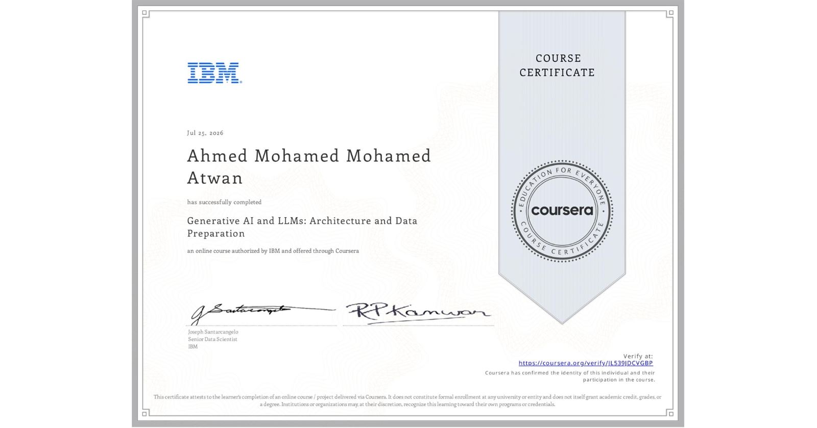 Certificate: Generative AI and LLMs: Architecture and Data Preparation, IBM via Coursera