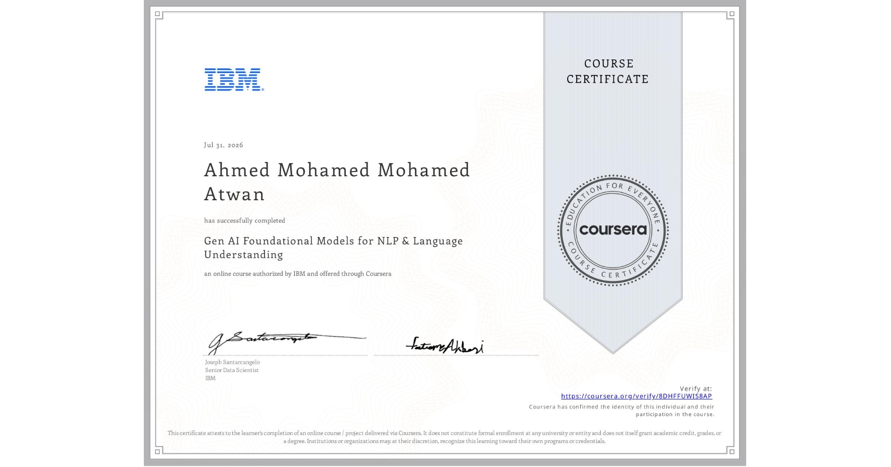 Certificate: Gen AI Foundational Models for NLP & Language Understanding, IBM via Coursera