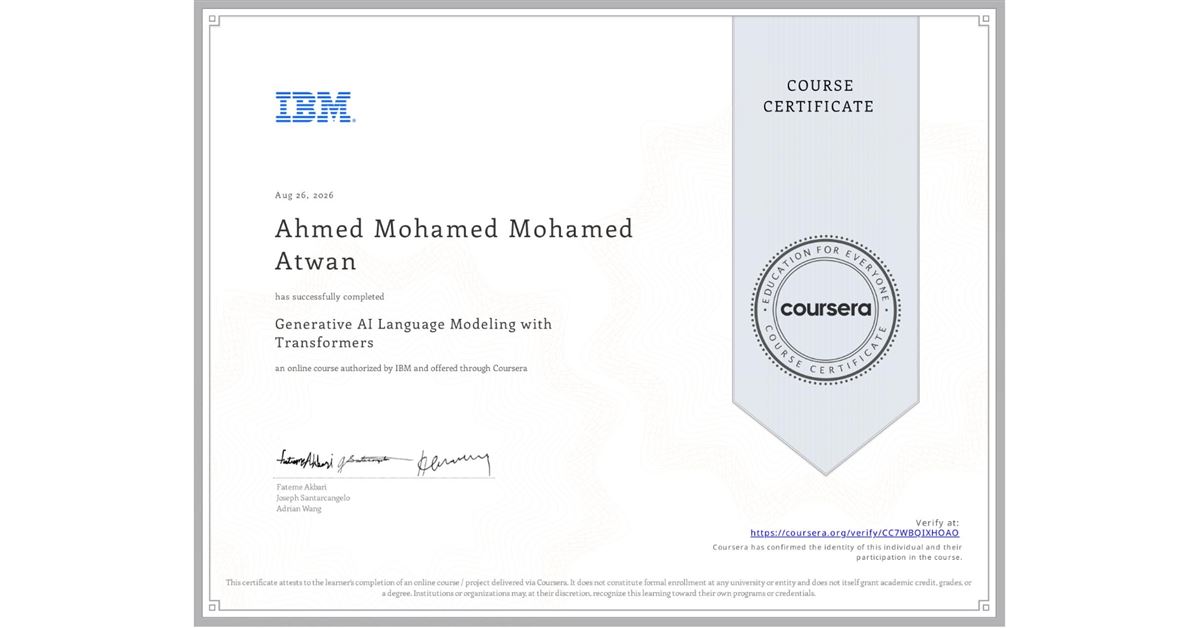 Certificate: Generative AI Language Modeling with Transformers, IBM via Coursera