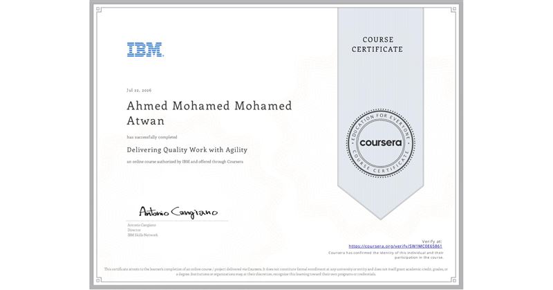 Certificate: Delivering Quality Work with Agility, IBM via Coursera