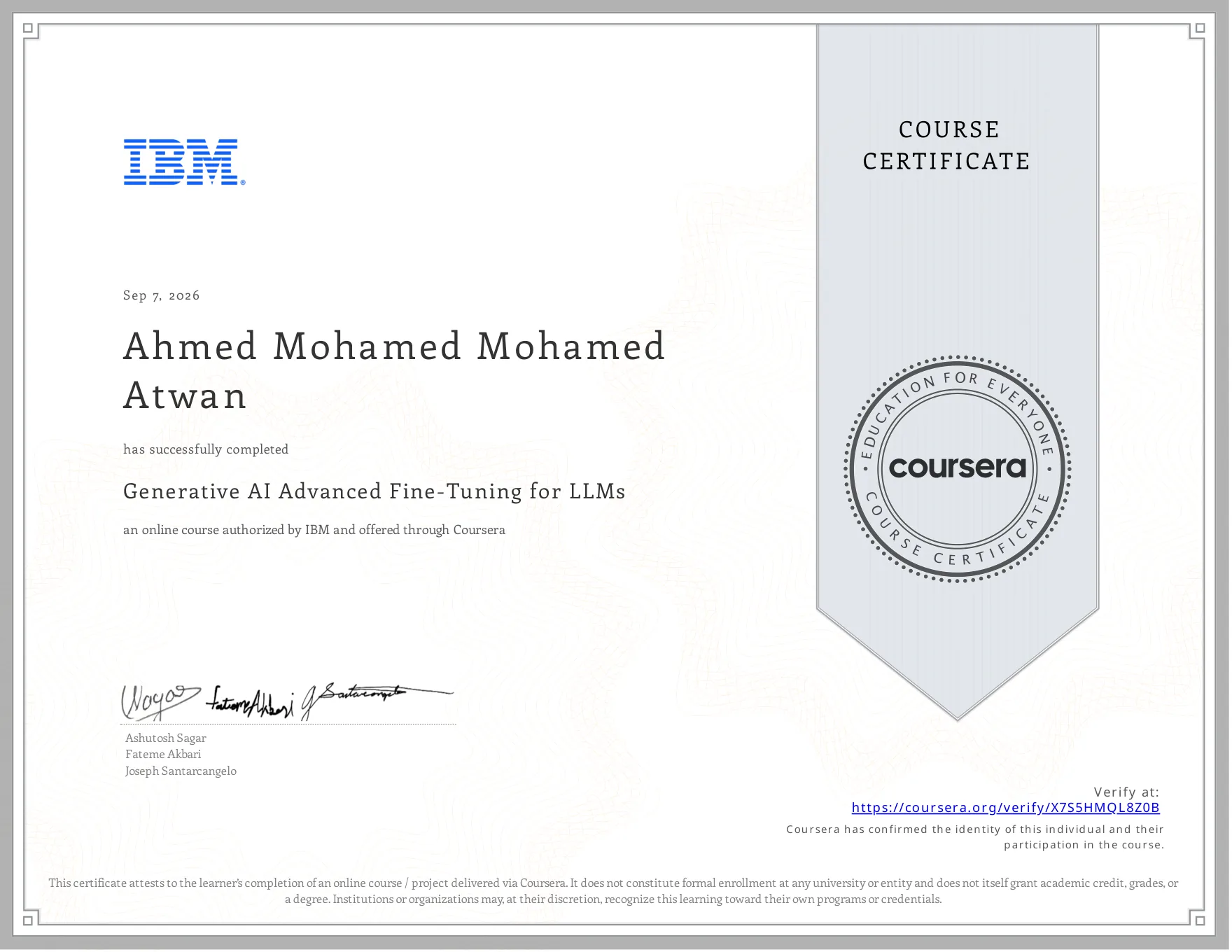 Official certificate preview for Generative AI Advanced Fine-Tuning for LLMs