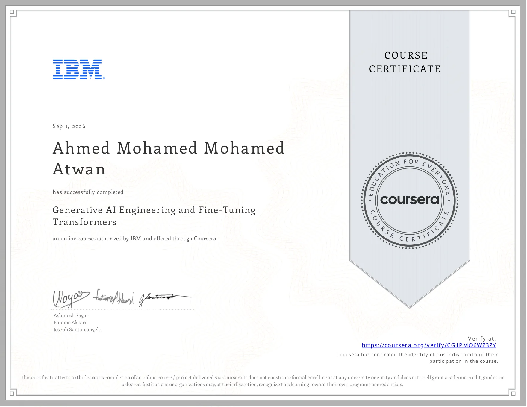 Official certificate preview for Generative AI Engineering and Fine-Tuning Transformers