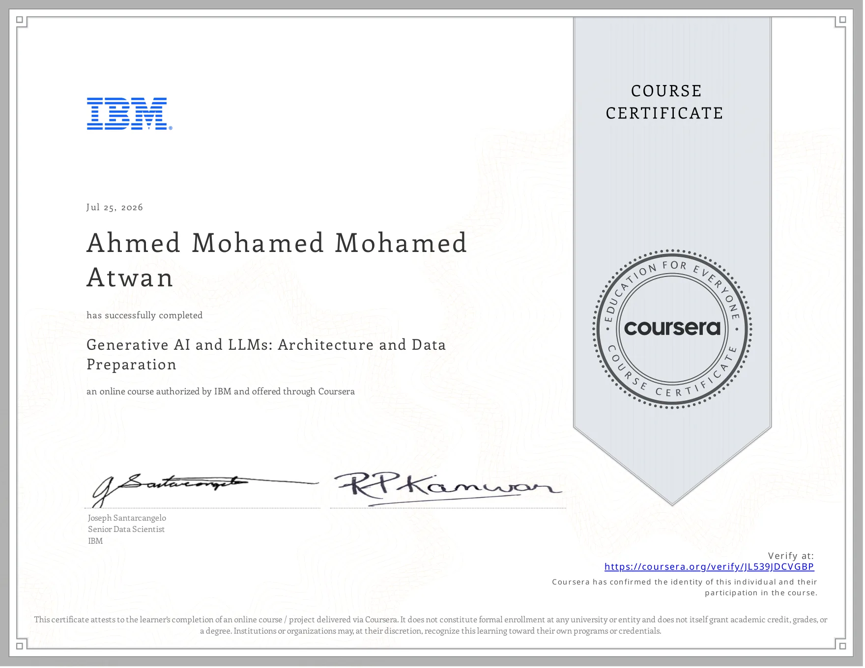 Official certificate preview for Generative AI and LLMs: Architecture and Data Preparation