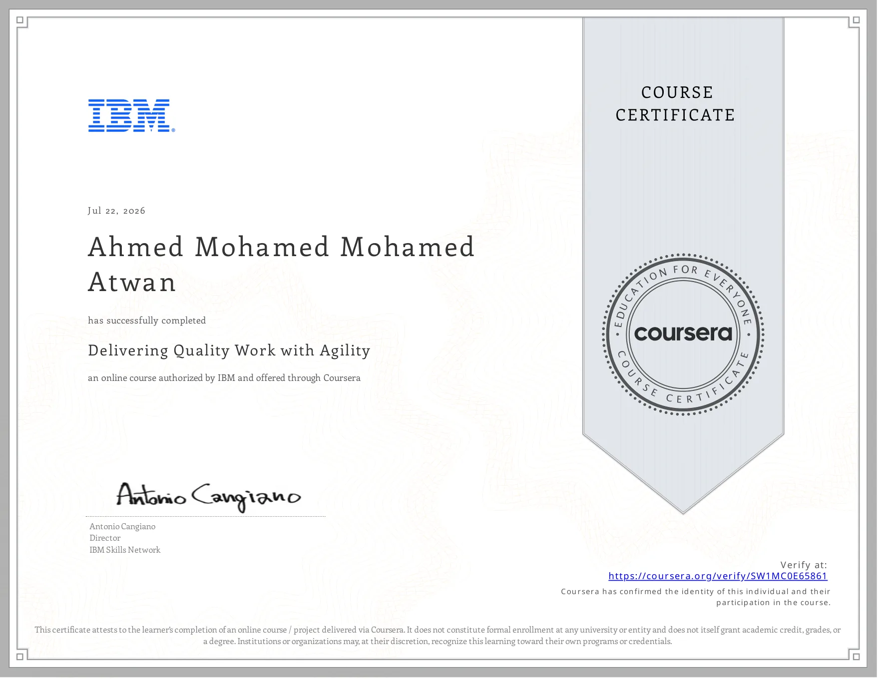 Official certificate preview for Delivering Quality Work with Agility