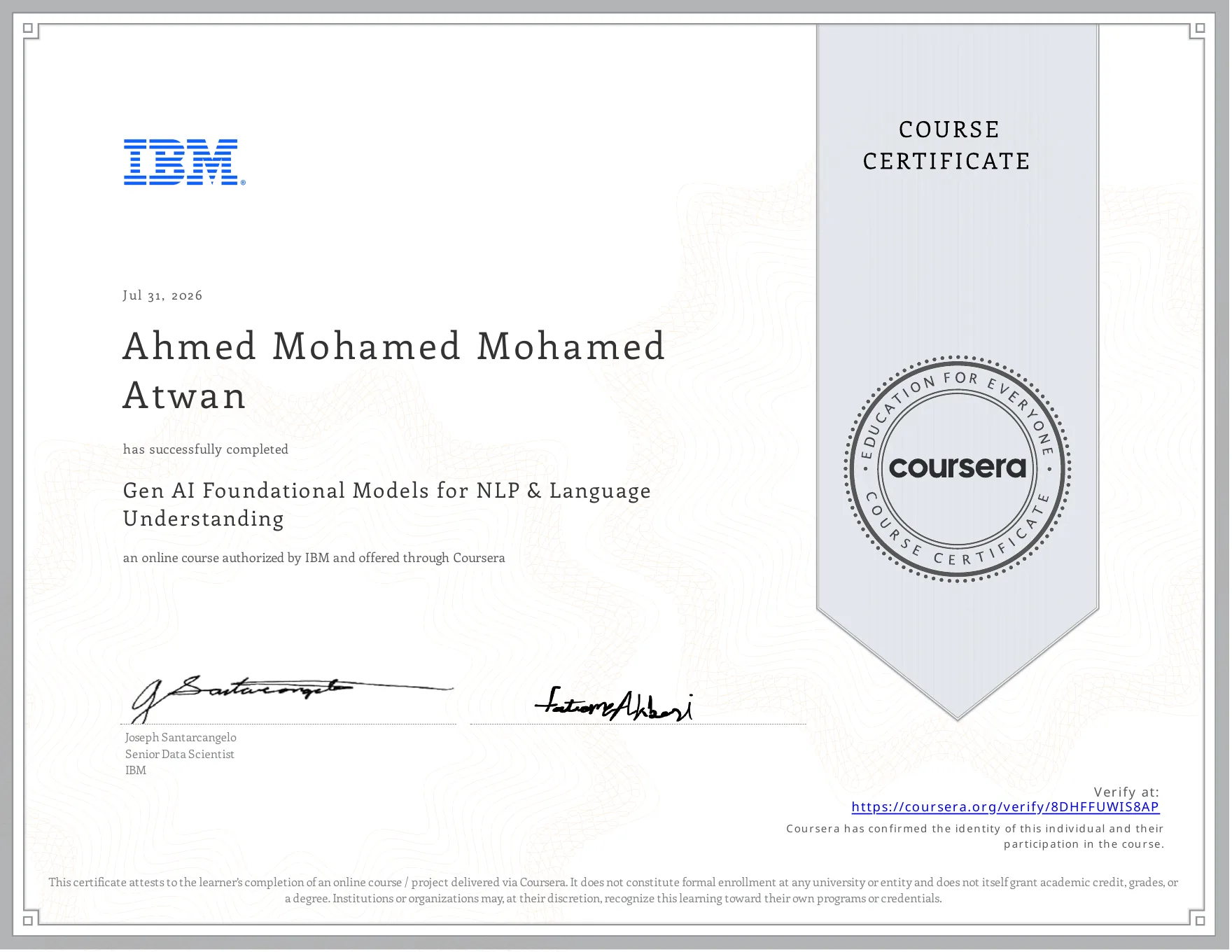 Official certificate preview for Gen AI Foundational Models for NLP & Language Understanding